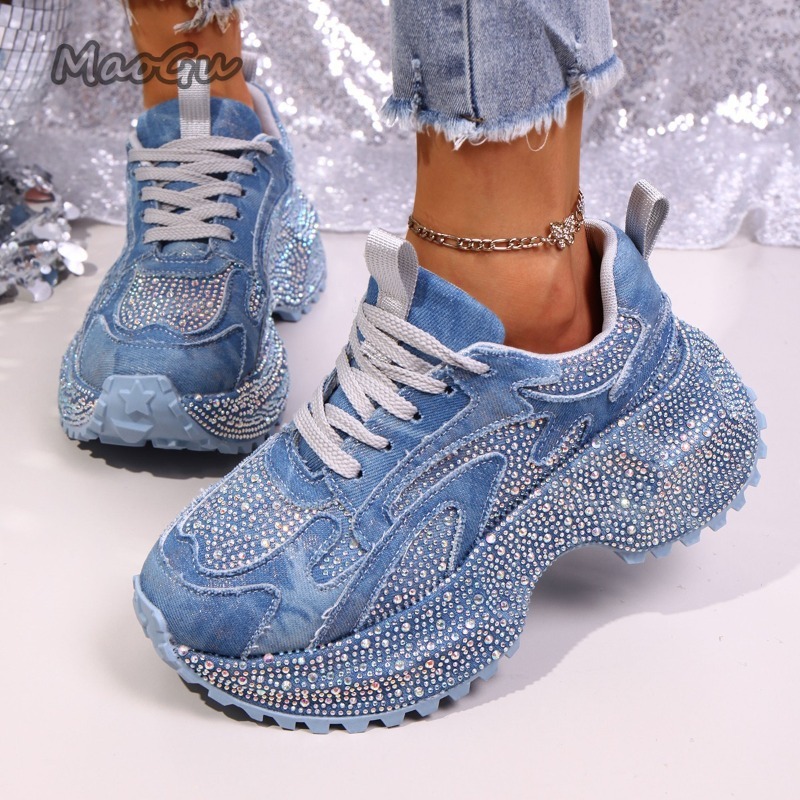 Women Shoes Store - Fashion Rhinestone Women's Chunky Sneakers Thick
