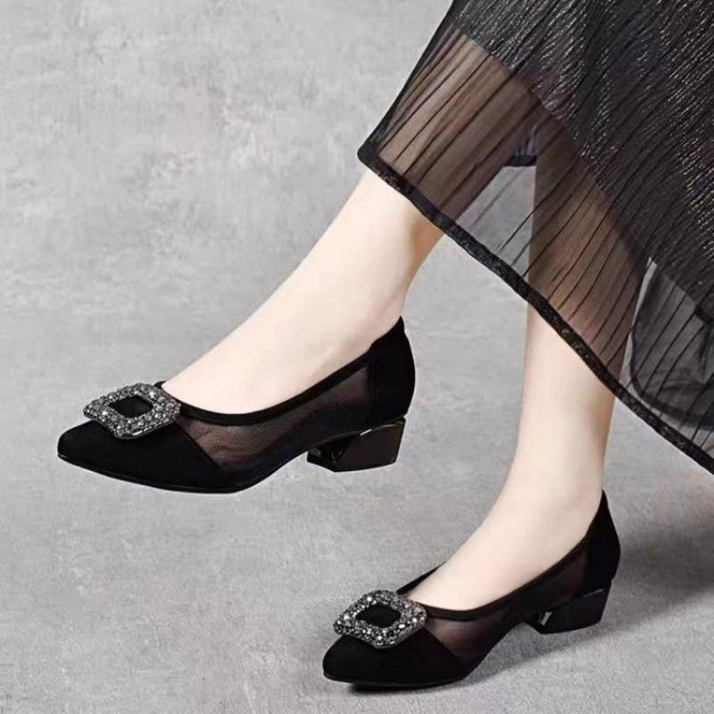 Women Shoes Size - Elegant Pointed Toe Mesh Block Heel